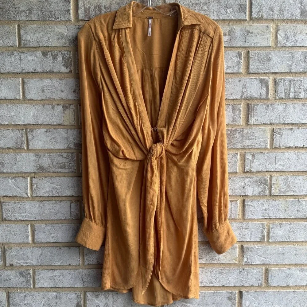 Free People Long Sleeve V-Neck Tie Front Mustard Tunic Blouse Women's Size XS